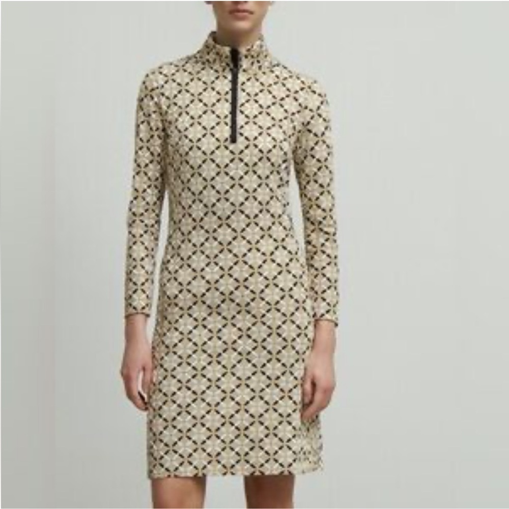 J. McLaughlin Black and Cream Geometric Long Sleeve Dress